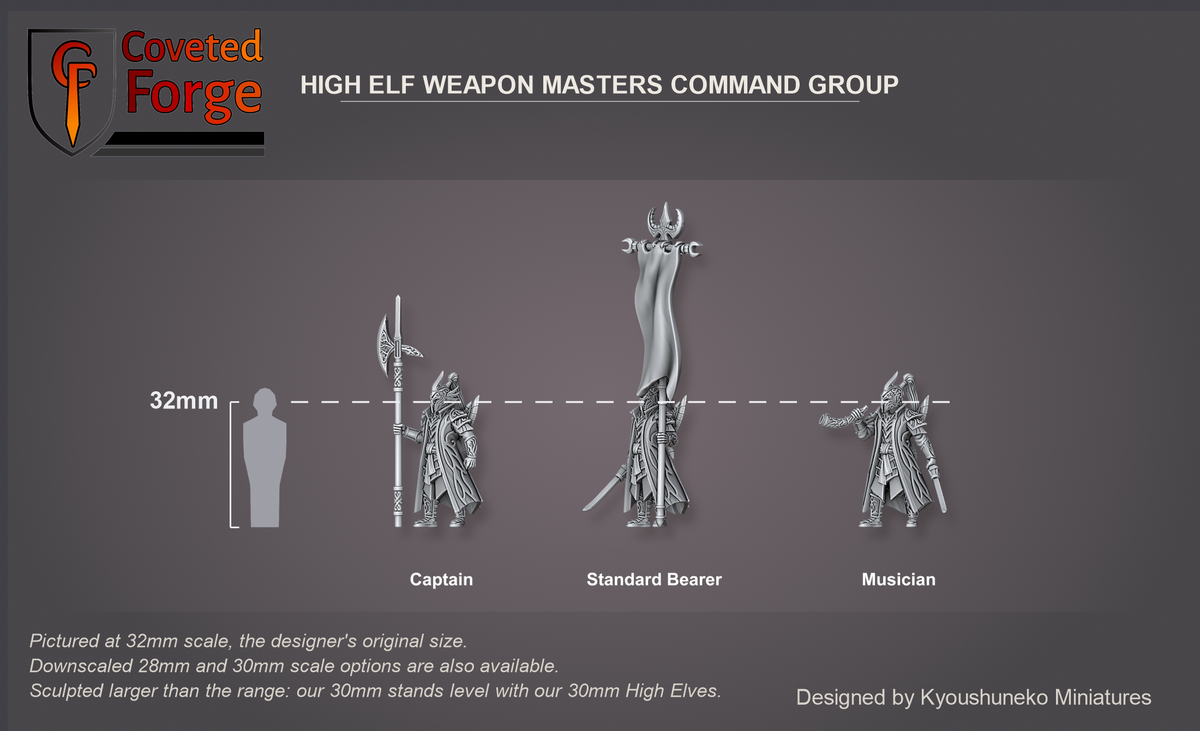 Coveted Forge scale render at 32mm, the designer's original size, with 28mm and 30mm downscales also available (this sculpt runs larger than the range, so our 30mm stands level with our 30mm High Elves): Full Command shown with every model, Captain, Standard Bearer and Musician, labelled, front three-quarter view, beside a 32mm human silhouette.