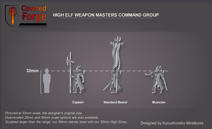 Coveted Forge scale render at 32mm, the designer's original size, with 28mm and 30mm downscales also available (this sculpt runs larger than the range, so our 30mm stands level with our 30mm High Elves): Full Command shown with every model, Captain, Standard Bearer and Musician, labelled, front three-quarter view, beside a 32mm human silhouette.