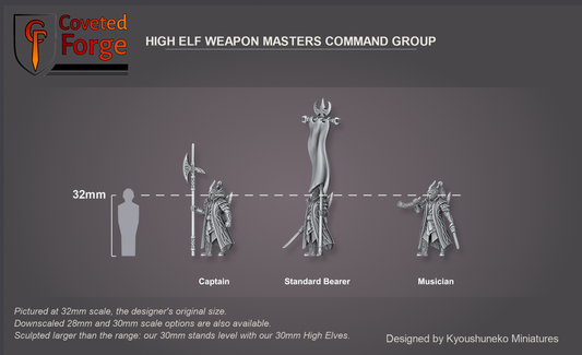 Coveted Forge scale render at 32mm, the designer's original size, with 28mm and 30mm downscales also available (this sculpt runs larger than the range, so our 30mm stands level with our 30mm High Elves): Full Command shown with every model, Captain, Standard Bearer and Musician, labelled, front three-quarter view, beside a 32mm human silhouette.