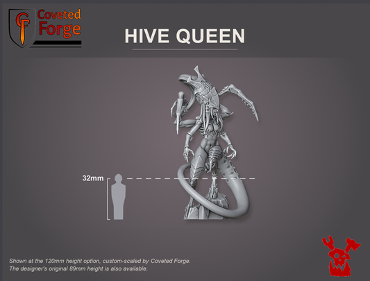 Hive Queen scale render: the assembled Hive Queen at the 120mm height option, front view, beside a 32mm human silhouette. The designer's original 89mm height is also available.