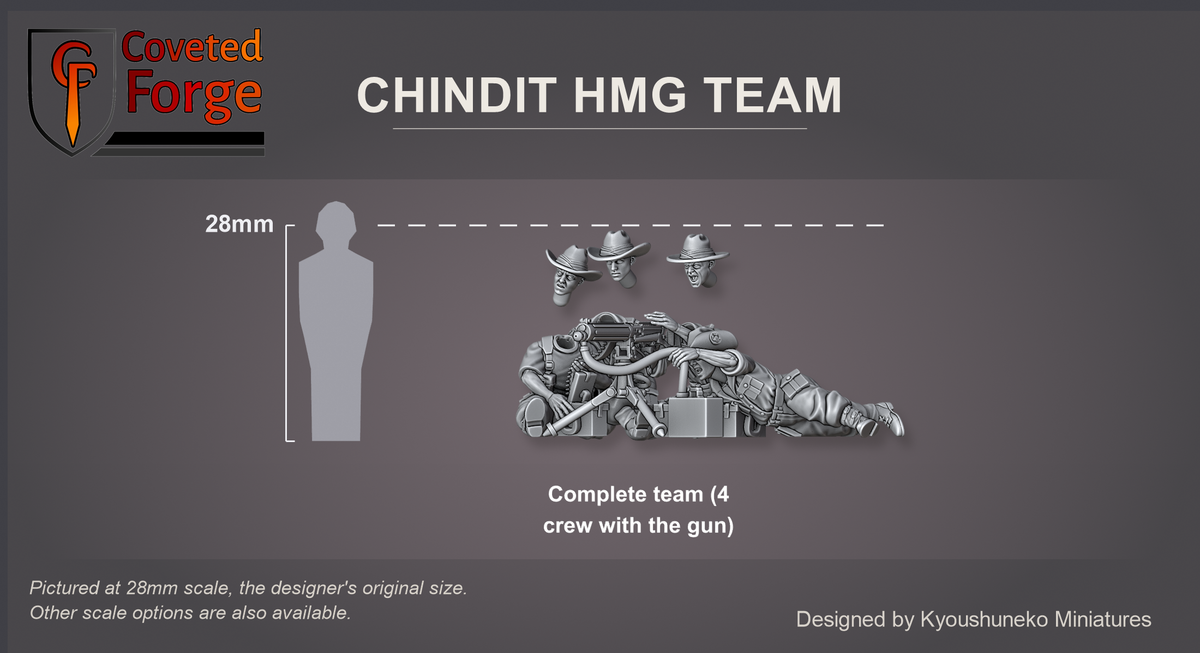 Chindit HMG Team: Coveted Forge 28mm scale reference, the complete team of every model, Model 1 to Model 4 with the tripod-mounted water-cooled machine gun and its ammunition boxes, three-quarter view beside a 28mm human silhouette, each separate slouch-hat head floated just above its body; 15mm and 23mm downscales and 32mm to 54mm upscales also available.