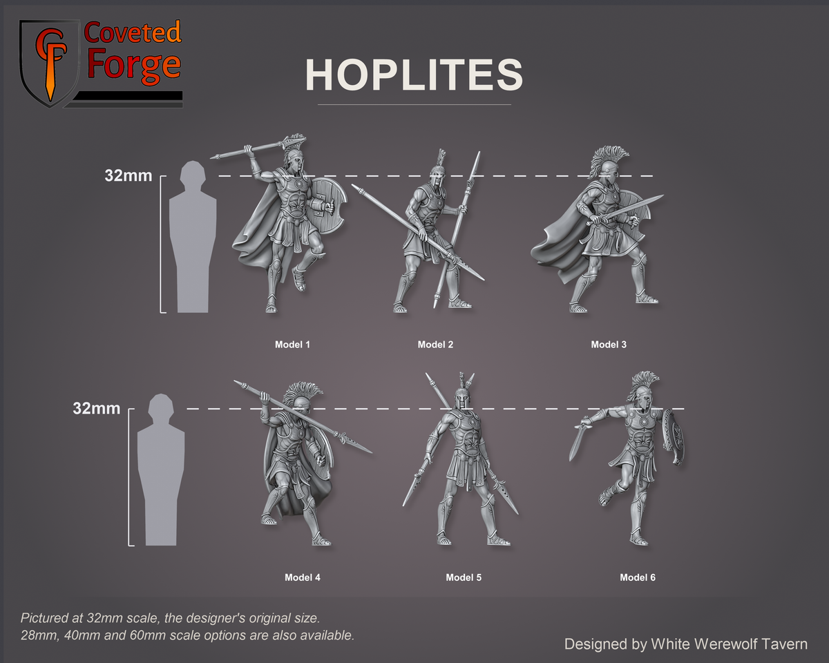 Coveted Forge scale lineup: Complete Set shown with every model, Model 1 to Model 6, labelled beside a 32mm human silhouette; rocky bases printed separately, not shown
