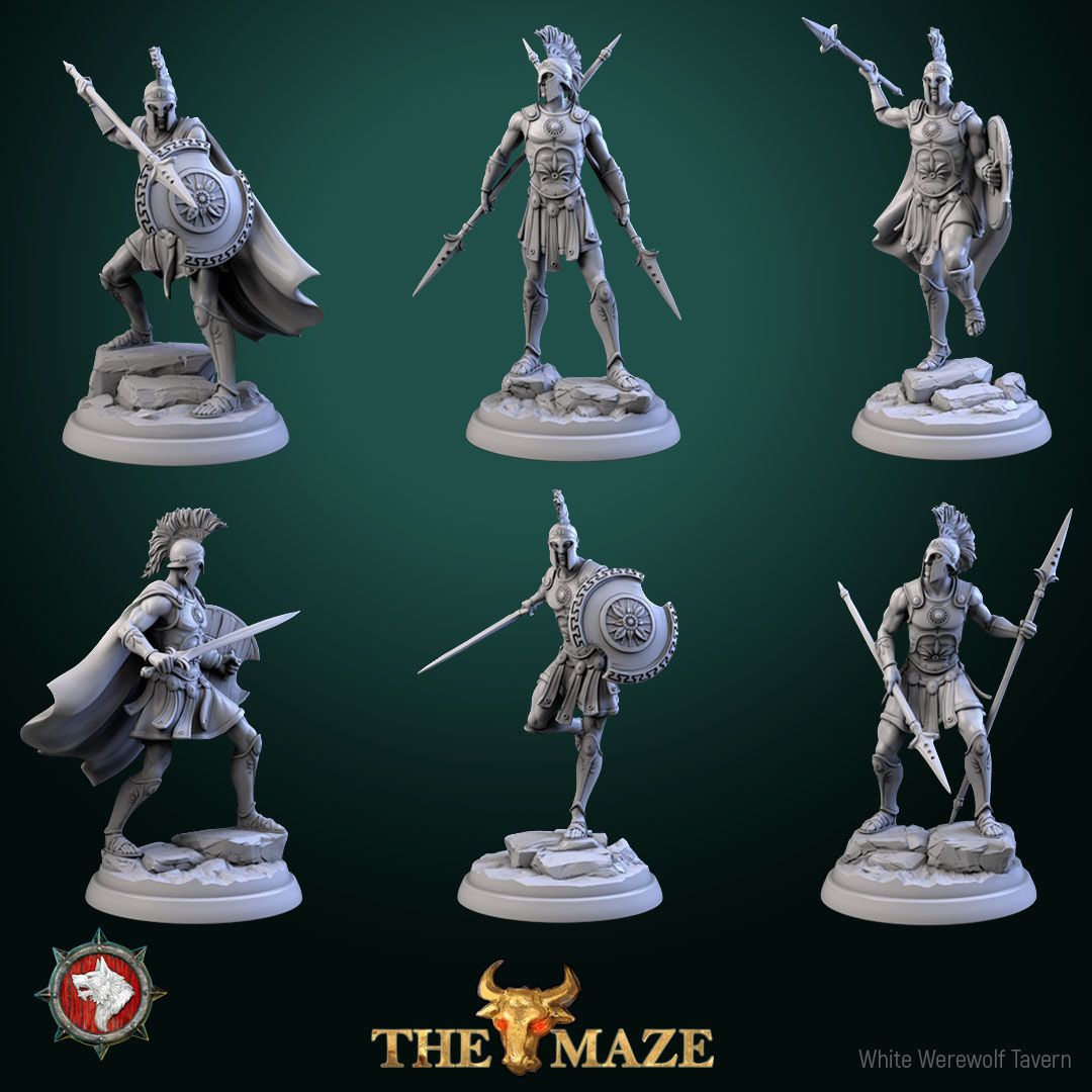 Hoplites: six Greek hoplite sculpts with spears, swords and round shields on rocky bases, by White Werewolf Tavern