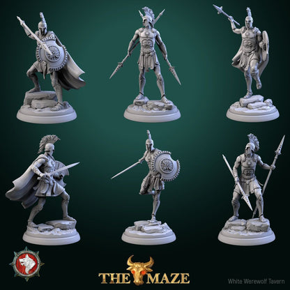 Hoplites: six Greek hoplite sculpts with spears, swords and round shields on rocky bases, by White Werewolf Tavern
