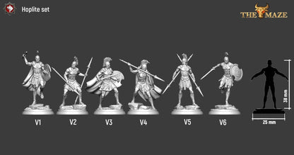 Hoplites size chart by White Werewolf Tavern: sculpts V1 to V6 beside a 38 mm human figure on a 25 mm base