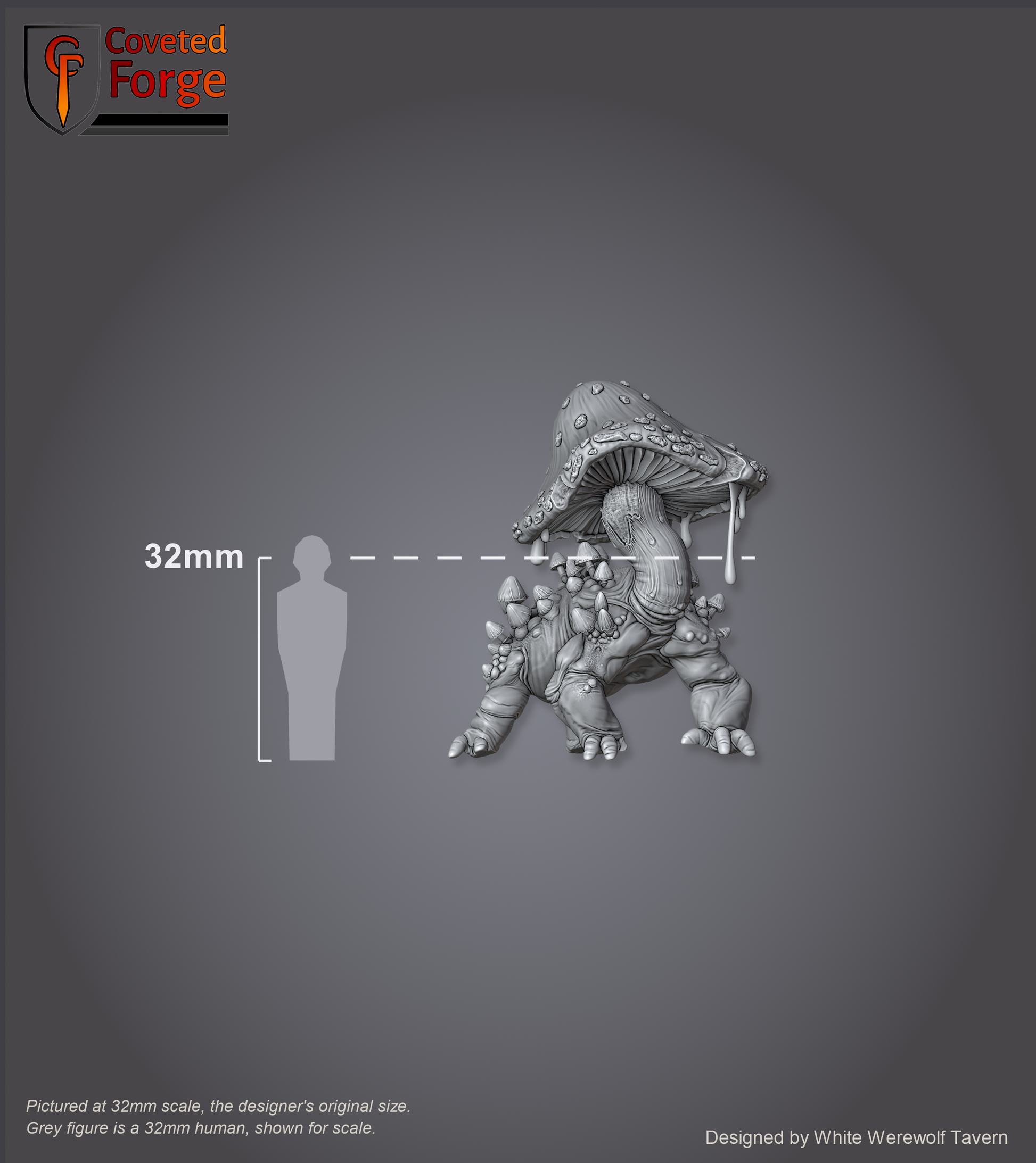 Scale reference: Fungal Hound at 32mm scale beside a 32mm human silhouette