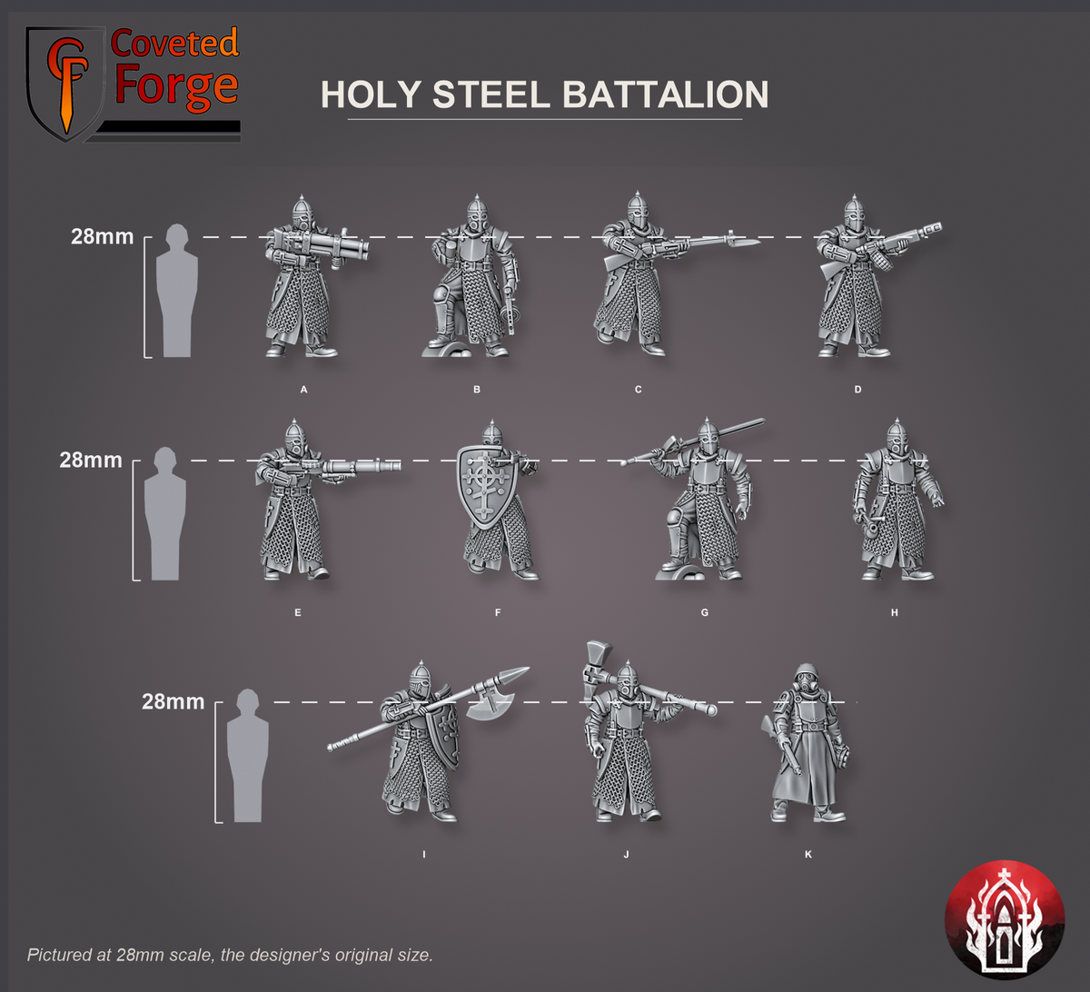 Coveted Forge scale reference: the eleven Holy Steel Battalion models, A to K in dropdown order, beside a 28mm human silhouette