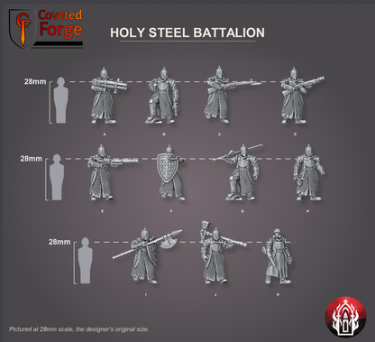 Coveted Forge scale reference: the eleven Holy Steel Battalion models, A to K in dropdown order, beside a 28mm human silhouette