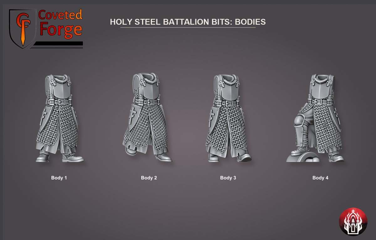 Coveted Forge bits sheet: Bodies (1 of 8), Holy Steel Battalion build kit, every part labelled as in the dropdown