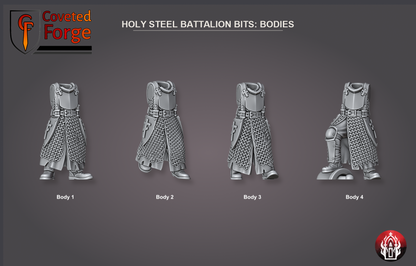 Coveted Forge bits sheet: Bodies (1 of 8), Holy Steel Battalion build kit, every part labelled as in the dropdown