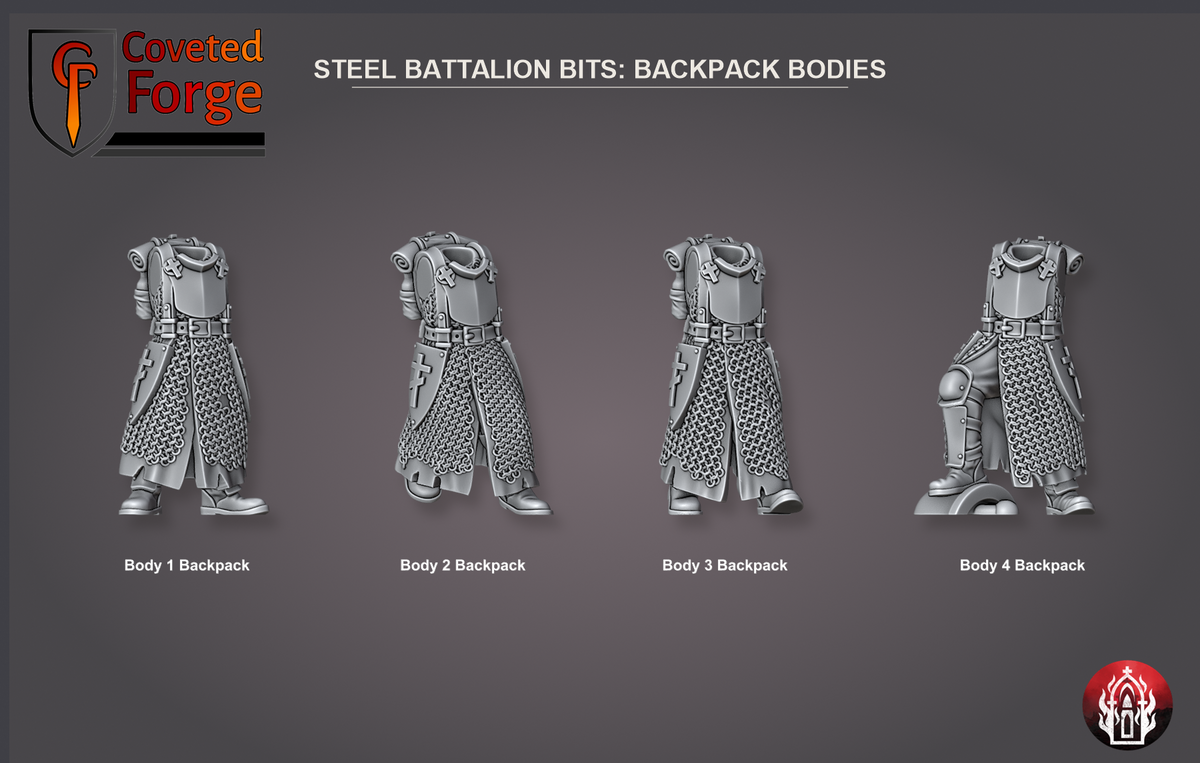 Coveted Forge bits sheet: Backpacks (2 of 8), Holy Steel Battalion build kit, every part labelled as in the dropdown