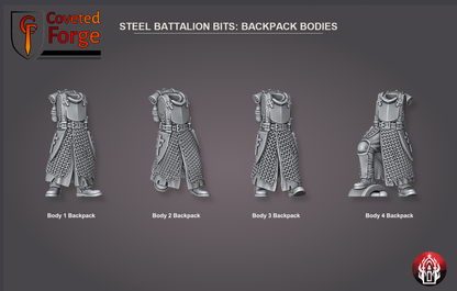 Coveted Forge bits sheet: Backpacks (2 of 8), Holy Steel Battalion build kit, every part labelled as in the dropdown