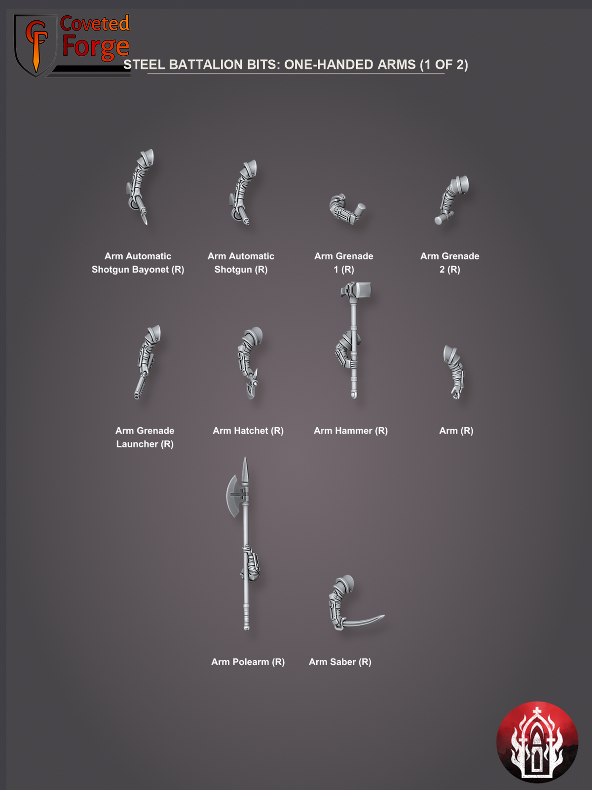 Coveted Forge bits sheet: Arms and Weapons (4 of 8), Holy Steel Battalion build kit, every part labelled as in the dropdown