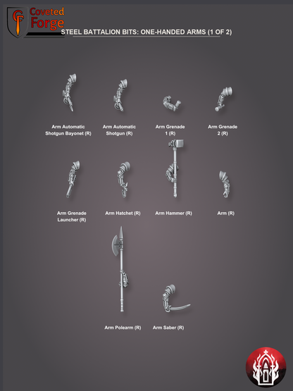 Coveted Forge bits sheet: Arms and Weapons (4 of 8), Holy Steel Battalion build kit, every part labelled as in the dropdown