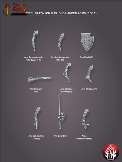 Coveted Forge bits sheet: Arms and Weapons (5 of 8), Holy Steel Battalion build kit, every part labelled as in the dropdown