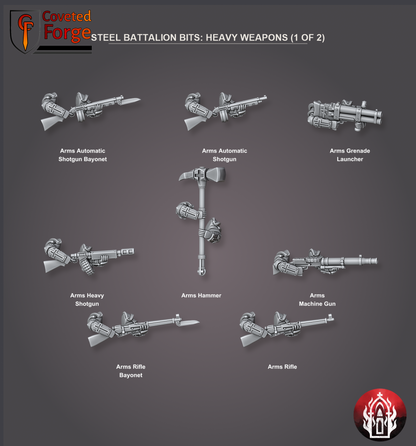Coveted Forge bits sheet: Heavy Weapons (6 of 8), Holy Steel Battalion build kit, every part labelled as in the dropdown