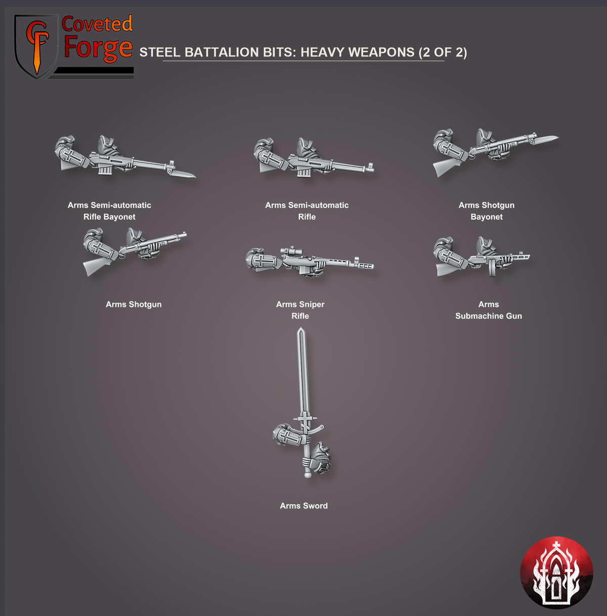 Coveted Forge bits sheet: Heavy Weapons (7 of 8), Holy Steel Battalion build kit, every part labelled as in the dropdown