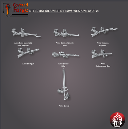 Coveted Forge bits sheet: Heavy Weapons (7 of 8), Holy Steel Battalion build kit, every part labelled as in the dropdown