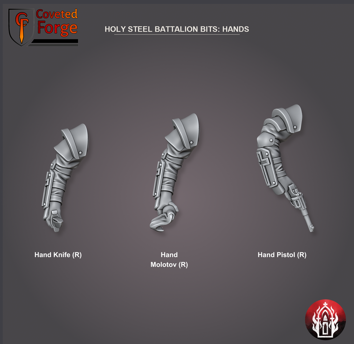 Coveted Forge bits sheet: Hands (8 of 8), Holy Steel Battalion build kit, every part labelled as in the dropdown