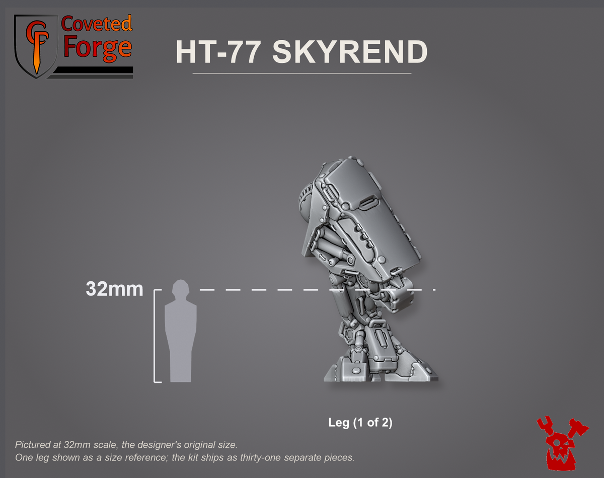Coveted Forge scale reference: one HT-77 Skyrend leg beside a 32mm human silhouette; the kit ships as thirty-one separate pieces and is shown unassembled as a size reference