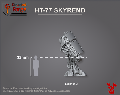 Coveted Forge scale reference: one HT-77 Skyrend leg beside a 32mm human silhouette; the kit ships as thirty-one separate pieces and is shown unassembled as a size reference