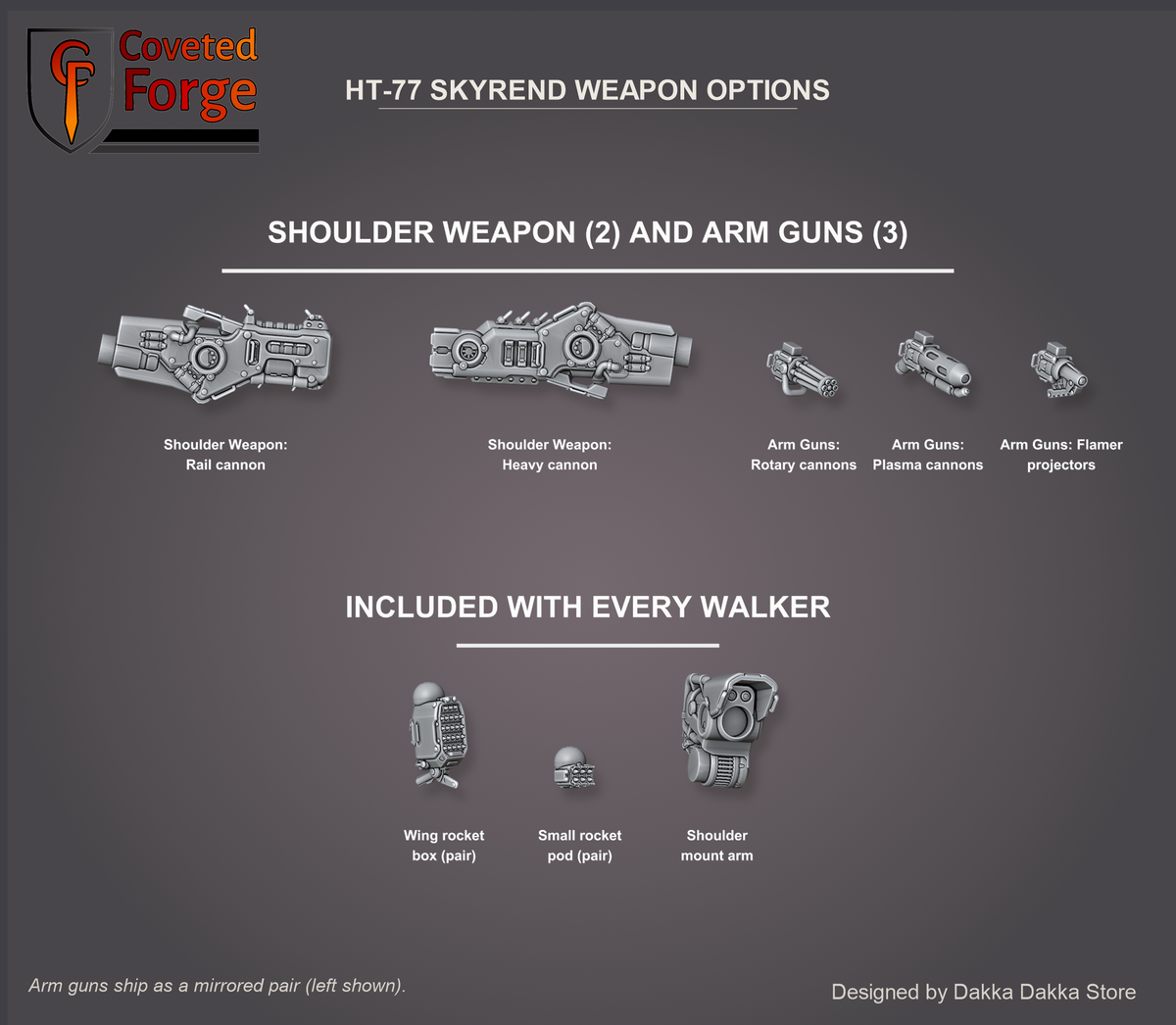 HT-77 Skyrend weapon options sheet: the two shoulder weapons (rail cannon, heavy cannon) and the three arm guns (rotary cannons, plasma cannons, flamer projectors) labelled with the dropdown names, plus the wing rocket boxes, small rocket pods and shoulder mount arm that come with every walker