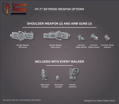 HT-77 Skyrend weapon options sheet: the two shoulder weapons (rail cannon, heavy cannon) and the three arm guns (rotary cannons, plasma cannons, flamer projectors) labelled with the dropdown names, plus the wing rocket boxes, small rocket pods and shoulder mount arm that come with every walker