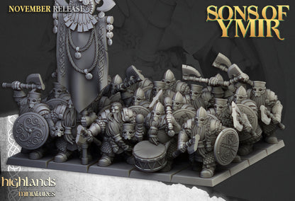 Dwarf Huscarls regiment in heavy plate with hand axes and round shields