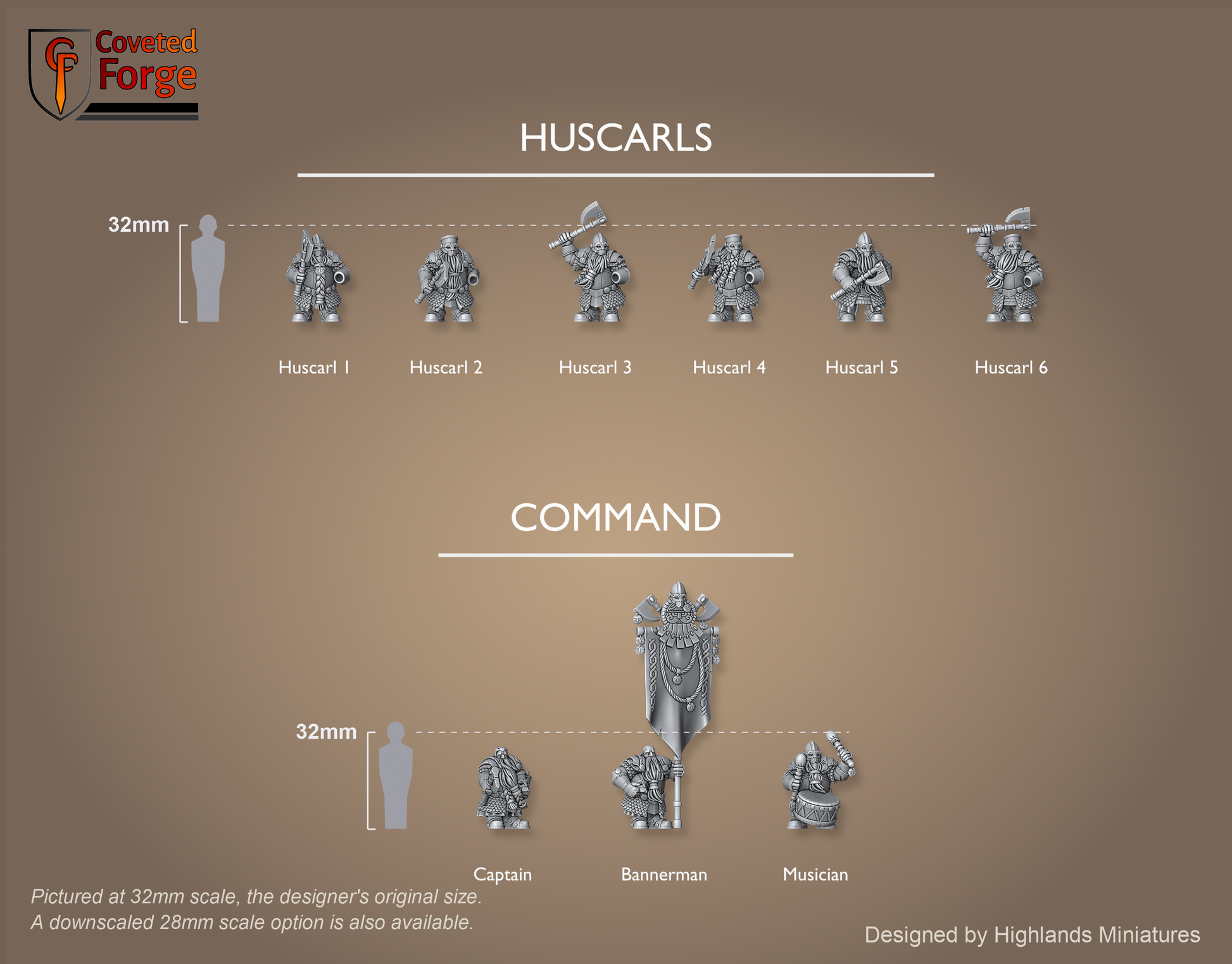Dwarf Huscarls scale lineup, all poses with a 32mm human and bracket for scale