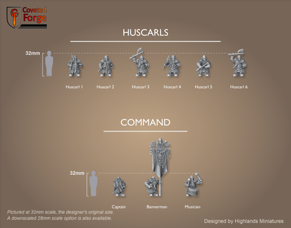 Dwarf Huscarls scale lineup, all poses with a 32mm human and bracket for scale
