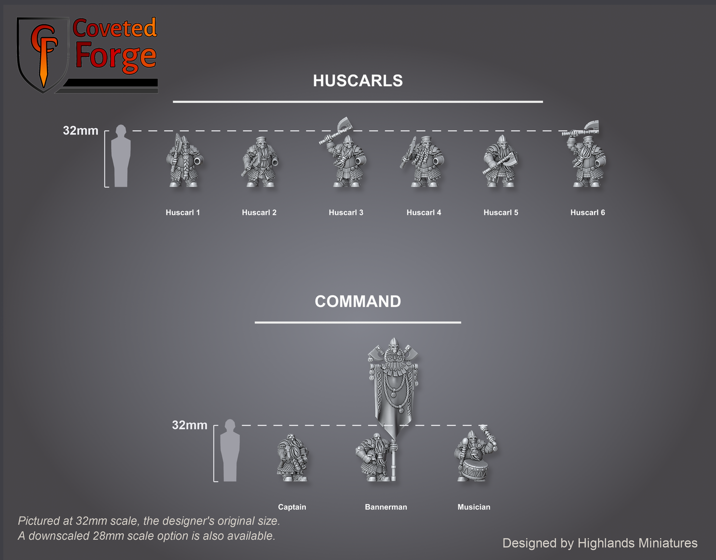 Dwarf Huscarls scale lineup, all poses with a 32mm human and bracket for scale