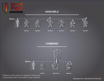 Dwarf Huscarls scale lineup, all poses with a 32mm human and bracket for scale