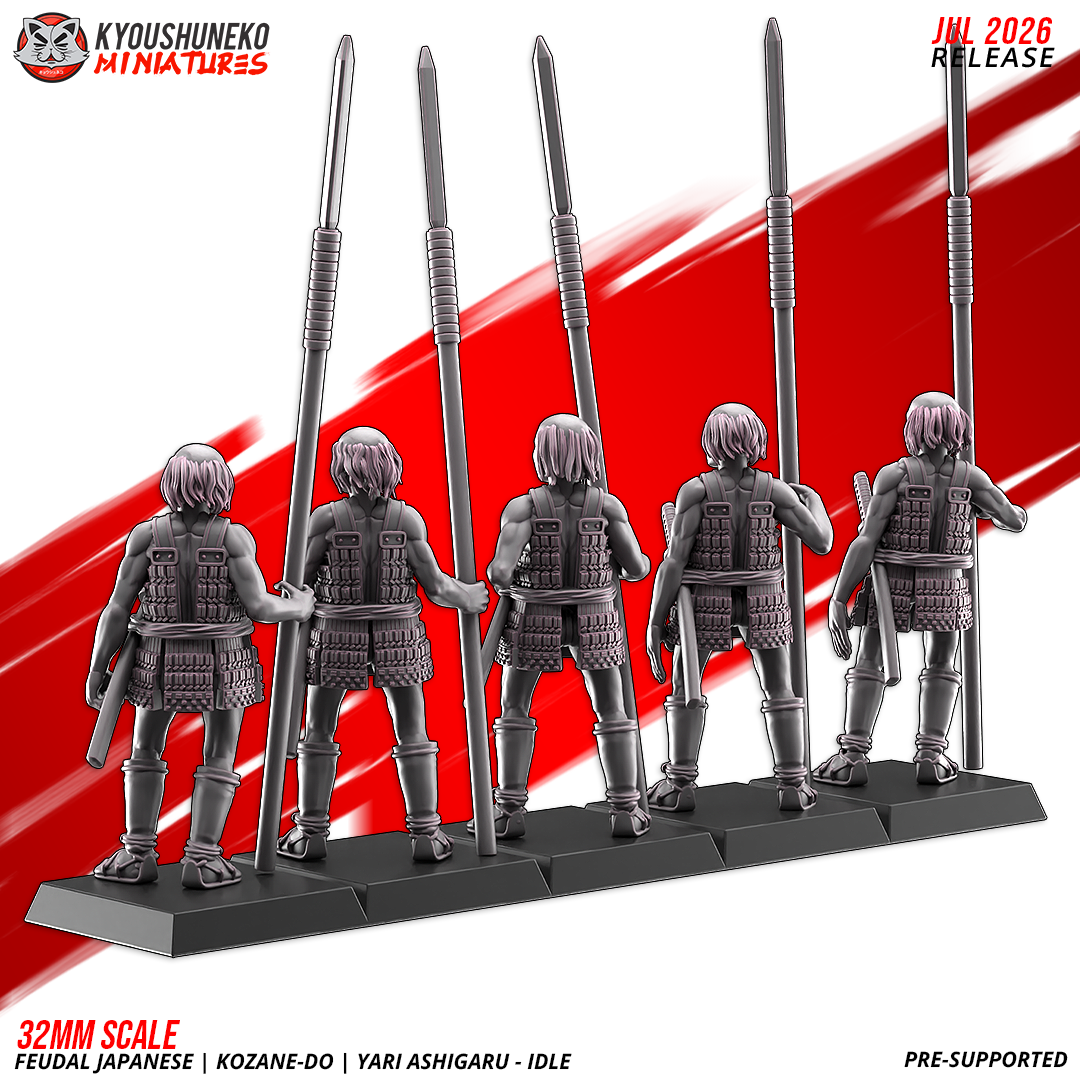 Kozane-do ashigaru yari spearmen, rear view showing lamellar armour lacing and slung swords
