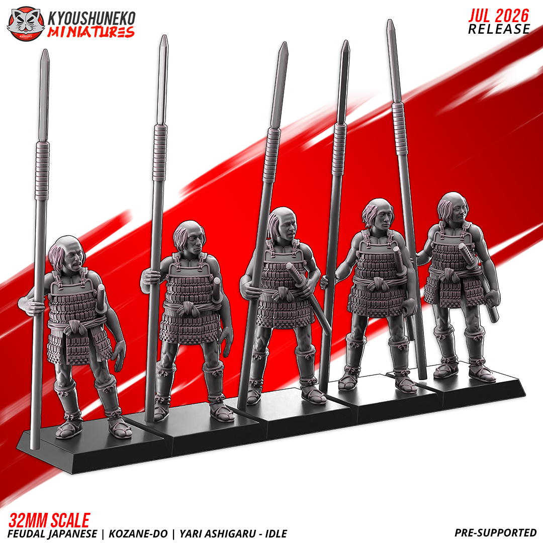 Five Late Sengoku kozane-do ashigaru spearmen with yari held upright, front rank view, by Kyoushuneko