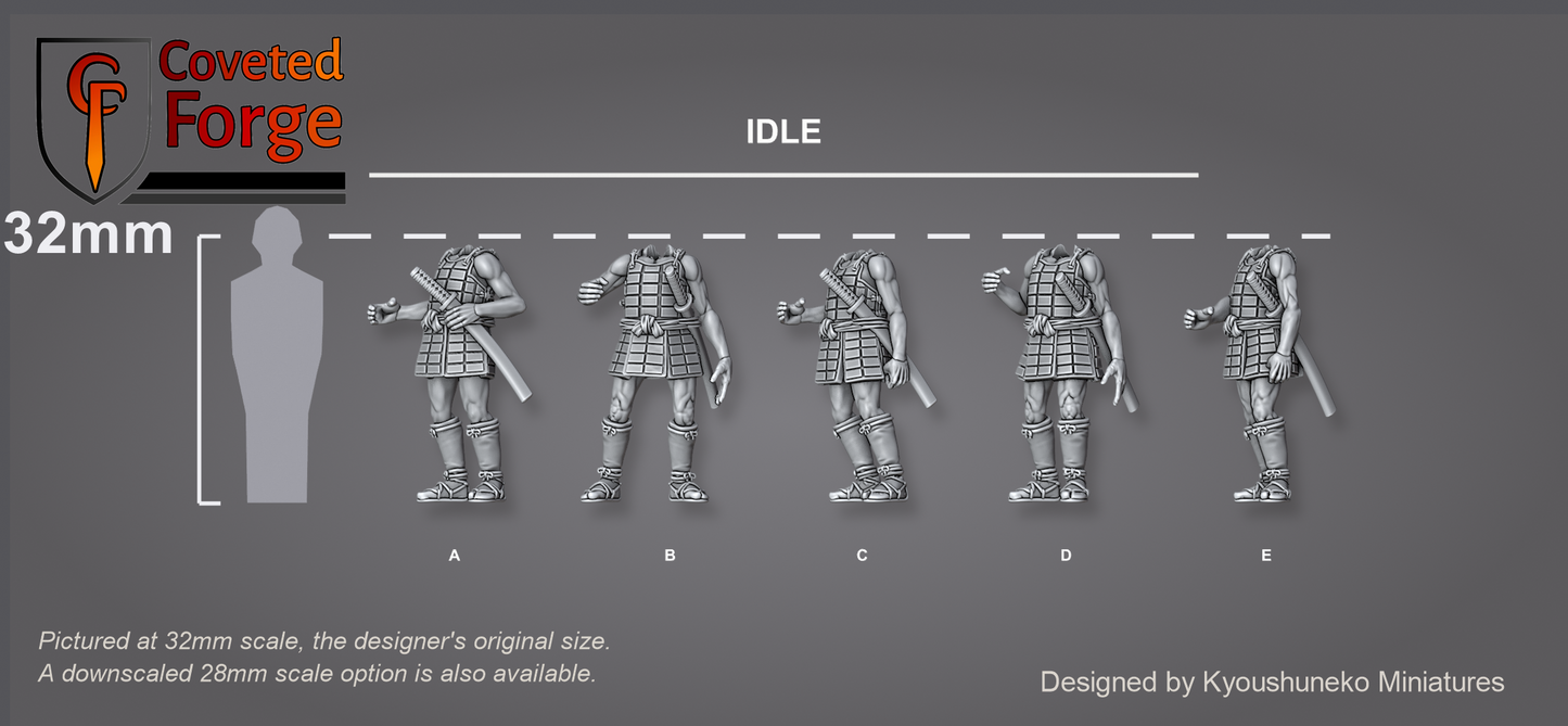 Five tatami-do ashigaru spearmen body sculpts in the Idle stance, labeled A to E beside a 32mm human silhouette for scale, on a charcoal background. Bodies shown; the yari spear is a separate part.