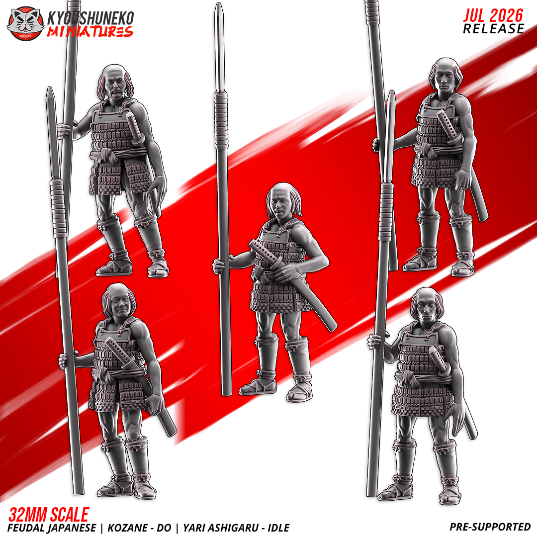 Five Late Sengoku ashigaru spearman body variations posed with yari spears, resin miniatures