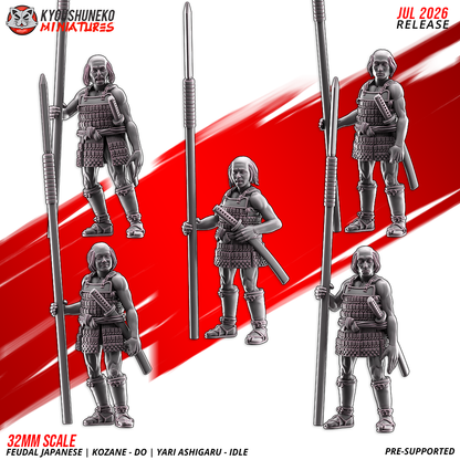 Five Late Sengoku ashigaru spearman body variations posed with yari spears, resin miniatures