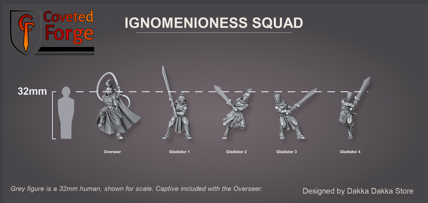 Ignomenioness Squad 32mm scale lineup - five models, captive included with the Overseer