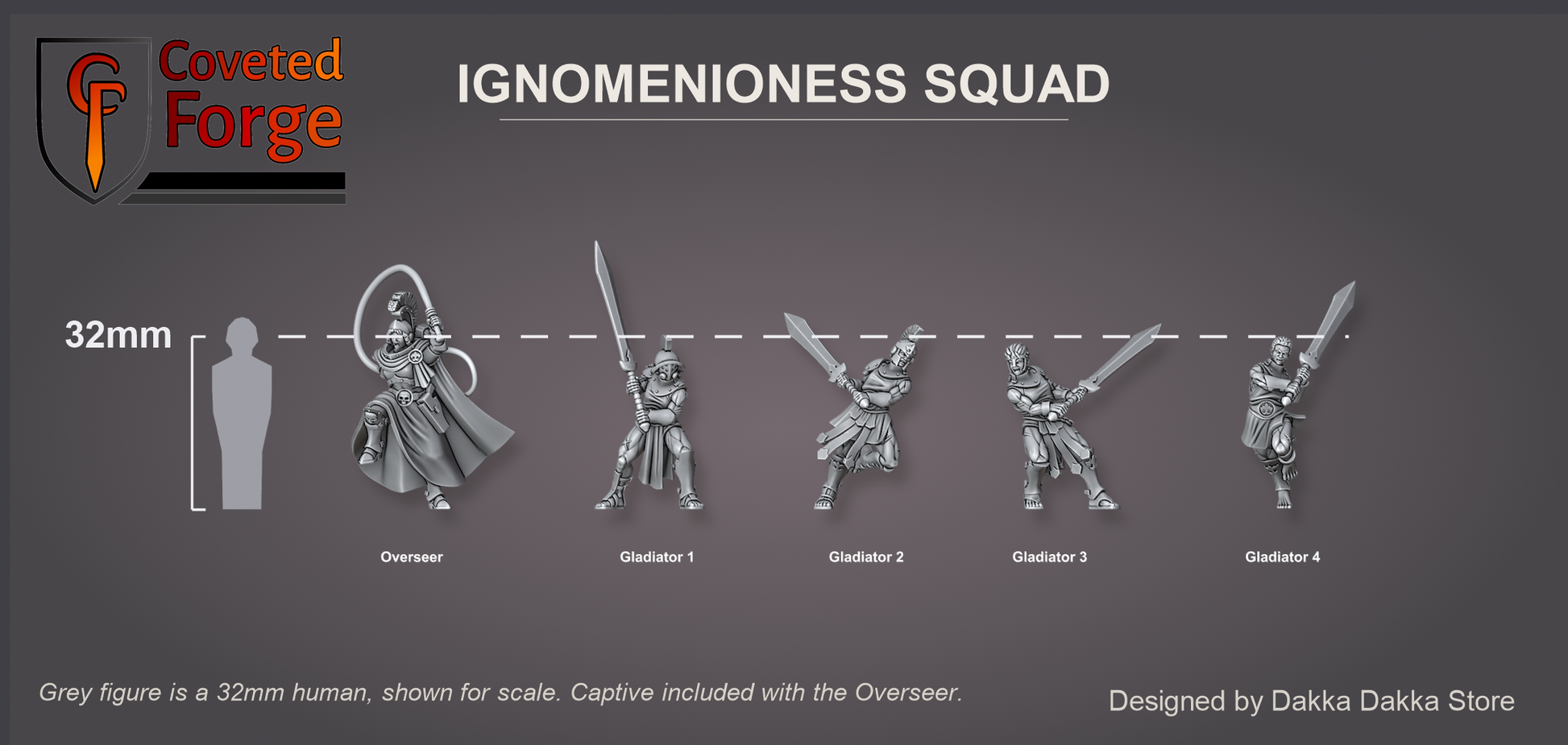 Ignomenioness Squad 32mm scale lineup - five models, captive included with the Overseer