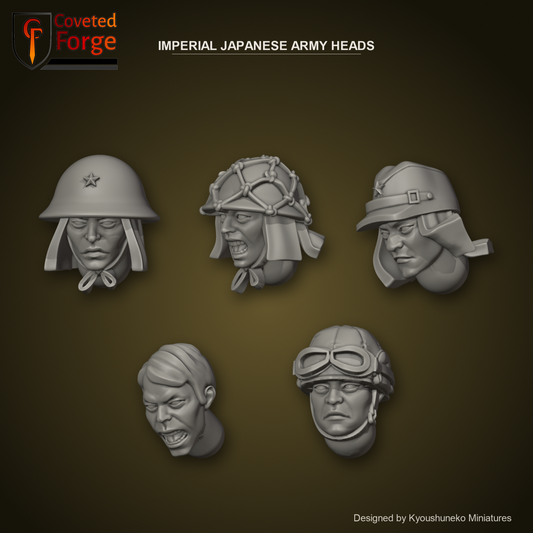 Imperial Japanese Army Heads by Kyoushuneko Miniatures: one head from each of the 5 styles (Infantry (Steel Helmets), Infantry (Netted Helmets), Infantry (Field Caps), Bamboo Unit and Tank and Vehicle Crew) in warm clay on a dark khaki-gold backdrop, unpainted 3D-printed resin heads with neck pegs for 28mm, 32mm and 35mm conversions.