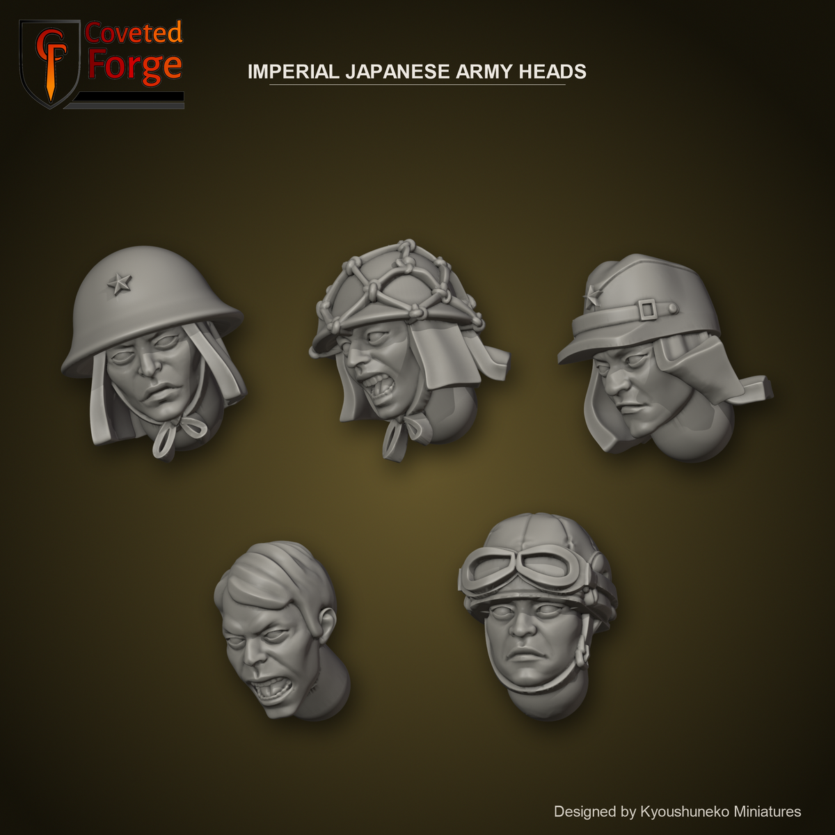 Imperial Japanese Army Heads by Kyoushuneko Miniatures: one head from each of the 5 styles (Infantry (Steel Helmets), Infantry (Netted Helmets), Infantry (Field Caps), Bamboo Unit and Tank and Vehicle Crew) in warm clay on a dark khaki-gold backdrop, unpainted 3D-printed resin heads with neck pegs for 28mm, 32mm and 35mm conversions.