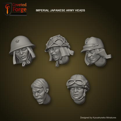 Imperial Japanese Army Heads by Kyoushuneko Miniatures: one head from each of the 5 styles (Infantry (Steel Helmets), Infantry (Netted Helmets), Infantry (Field Caps), Bamboo Unit and Tank and Vehicle Crew) in warm clay on a dark khaki-gold backdrop, unpainted 3D-printed resin heads with neck pegs for 28mm, 32mm and 35mm conversions.