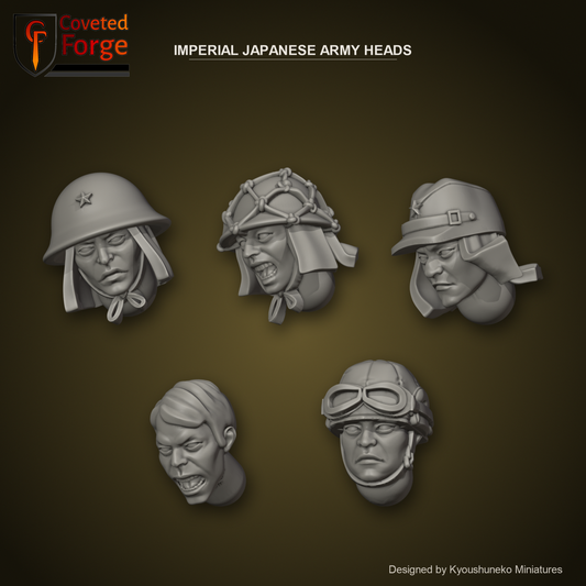 Imperial Japanese Army Heads by Kyoushuneko Miniatures: one head from each of the 5 styles (Infantry (Steel Helmets), Infantry (Netted Helmets), Infantry (Field Caps), Bamboo Unit and Tank and Vehicle Crew) in warm clay on a dark khaki-gold backdrop, unpainted 3D-printed resin heads with neck pegs for 28mm, 32mm and 35mm conversions.