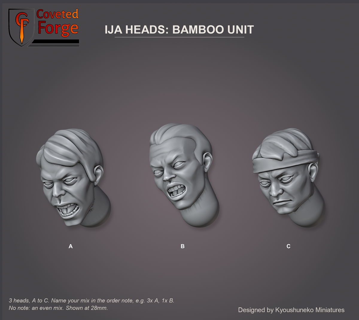 Coveted Forge bits sheet: Heads (4 of 5), Imperial Japanese Army Heads Bamboo Unit style guide, 3 different heads lettered A to C to name in the order note, shown at 28mm, resin heads by Kyoushuneko Miniatures.