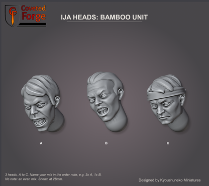 Coveted Forge bits sheet: Heads (4 of 5), Imperial Japanese Army Heads Bamboo Unit style guide, 3 different heads lettered A to C to name in the order note, shown at 28mm, resin heads by Kyoushuneko Miniatures.