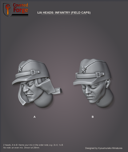 Coveted Forge bits sheet: Heads (3 of 5), Imperial Japanese Army Heads Infantry (Field Caps) style guide, 2 different heads lettered A to B to name in the order note, shown at 28mm, resin heads by Kyoushuneko Miniatures.