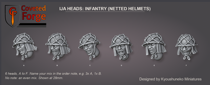 Coveted Forge bits sheet: Heads (2 of 5), Imperial Japanese Army Heads Infantry (Netted Helmets) style guide, 6 different heads lettered A to F to name in the order note, shown at 28mm, resin heads by Kyoushuneko Miniatures.