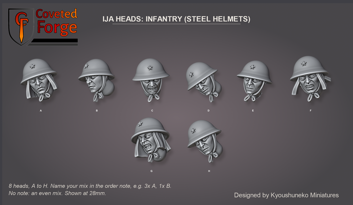 Coveted Forge bits sheet: Heads (1 of 5), Imperial Japanese Army Heads Infantry (Steel Helmets) style guide, 8 different heads lettered A to H to name in the order note, shown at 28mm, resin heads by Kyoushuneko Miniatures.