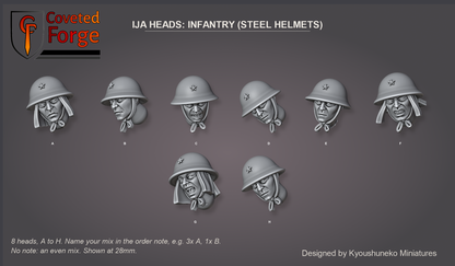 Coveted Forge bits sheet: Heads (1 of 5), Imperial Japanese Army Heads Infantry (Steel Helmets) style guide, 8 different heads lettered A to H to name in the order note, shown at 28mm, resin heads by Kyoushuneko Miniatures.