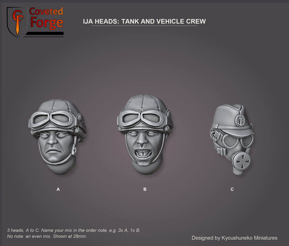 Coveted Forge bits sheet: Heads (5 of 5), Imperial Japanese Army Heads Tank and Vehicle Crew style guide, 3 different heads lettered A to C to name in the order note, shown at 28mm, resin heads by Kyoushuneko Miniatures.